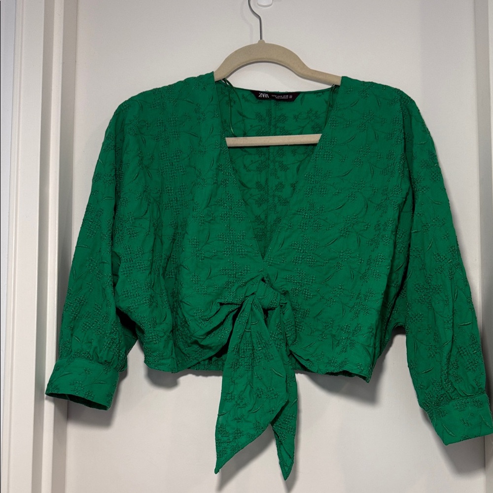 Zara Green Embroidered Emerald Tie-Front cropped Blouse